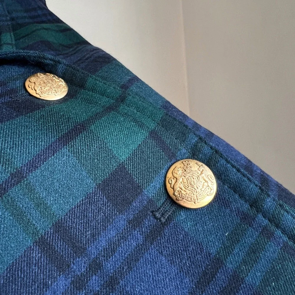 J. Crew Schoolboy‎ Blazer Size 4 Black Watch Plaid Navy Green Gold Button Jacket